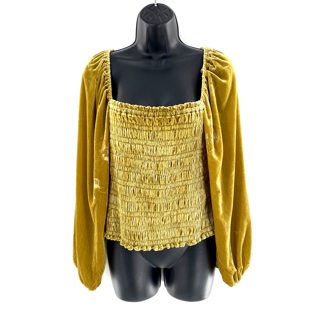 Anthropologie Womens Velvet Smocked Square Neck Blouse Top Gold Balloon Sleeve S
